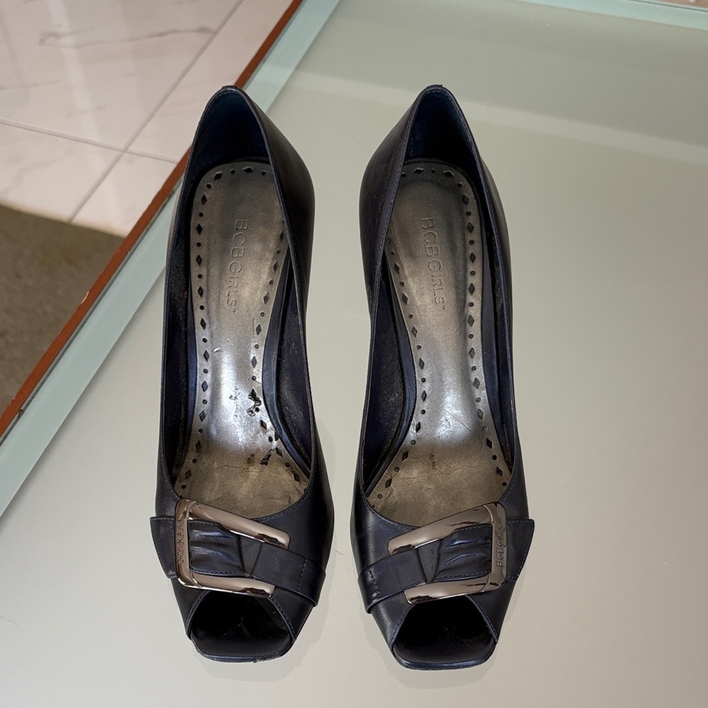 BCBGirls Navy Blue Peep Toe Heels with Buckle